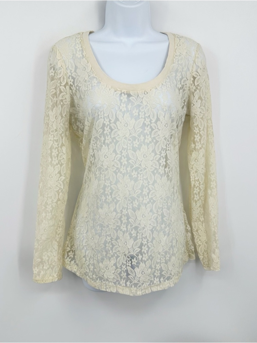 Vintage Y2K Eyeshadow Cream Lace Long Sleeve Shirt Size Juniors Large Boho Fairy